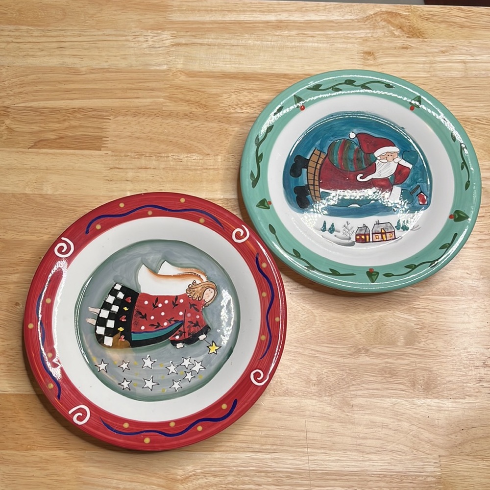 Set of 2 CHRISTMAS THEME Holiday Plates ANGEL And SANTA